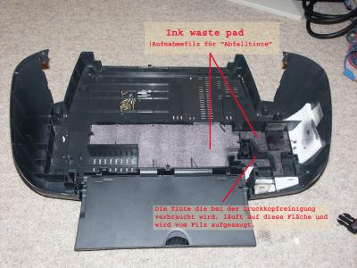 Waste ink pad (Tintenklo)
Das &ldquo;waste ink pad&rdquo; besteht aus 4 Einzelfilzen, die aufeinander geschichtet sind. Sie werden durch Rippen im Kunststoff und zwei &ldquo;Krallen&rdquo; festgehalten.

