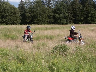 So fahren die Beiden nun auf der Wiese.
Jöran, inzwischen 11, muß ich nichts mehr beibringen.
Er hat mittlerweile über 250 Km Fahrerfahrung hier und da und auf unserem Familienrasen gesammelt.
